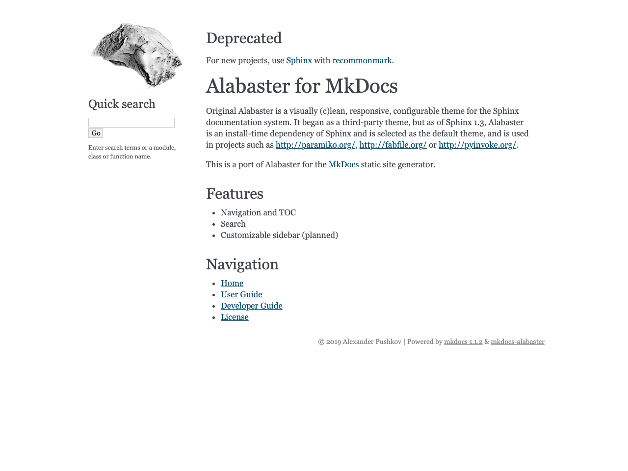 MkDocs Alabaster screenshot